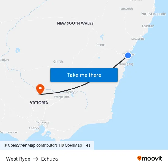 West Ryde to Echuca map