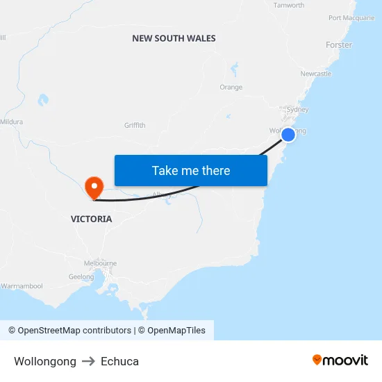Wollongong to Echuca map