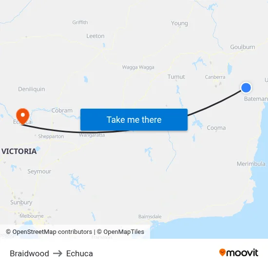 Braidwood to Echuca map