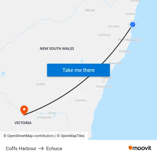 Coffs Harbour to Echuca map