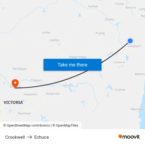 Crookwell to Echuca map