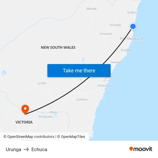 Urunga to Echuca map