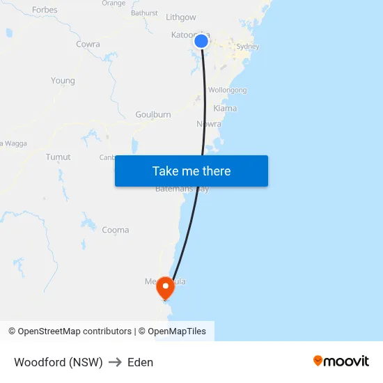 Woodford (NSW) to Eden map