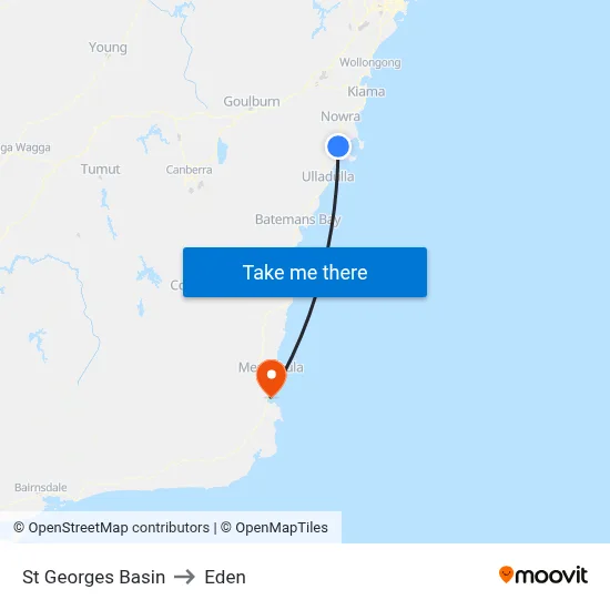St Georges Basin to Eden map