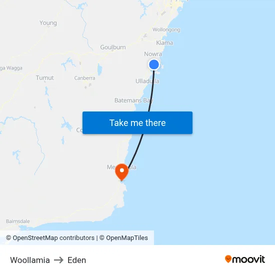 Woollamia to Eden map