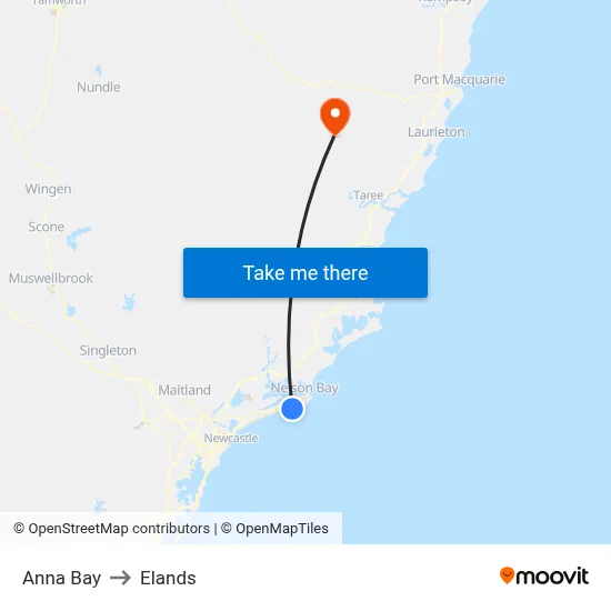 Anna Bay to Elands map