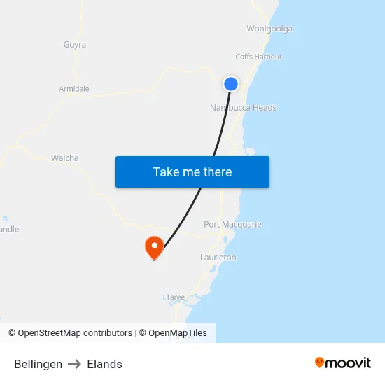 Bellingen to Elands map