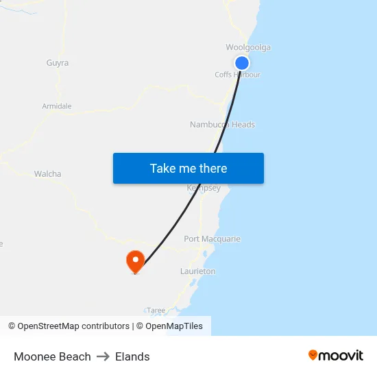 Moonee Beach to Elands map