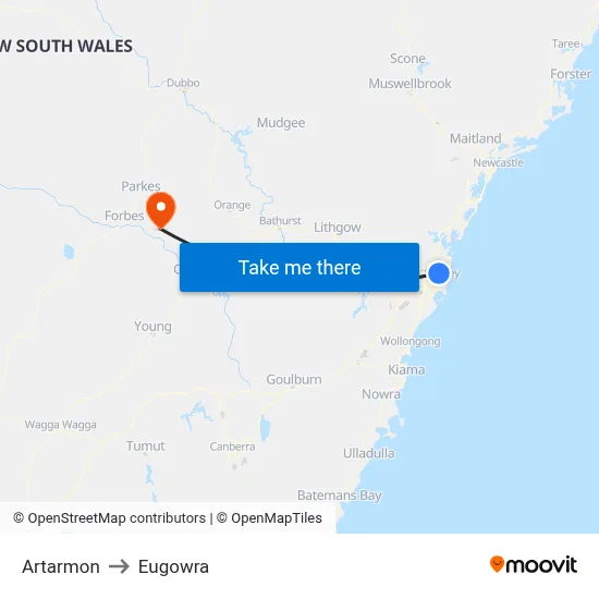 Artarmon to Eugowra map