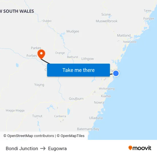 Bondi Junction to Eugowra map