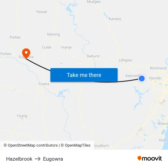 Hazelbrook to Eugowra map