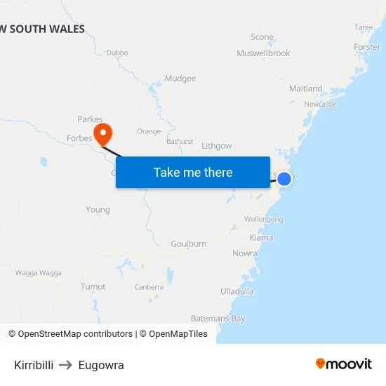 Kirribilli to Eugowra map