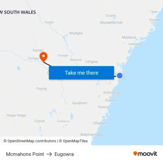 Mcmahons Point to Eugowra map