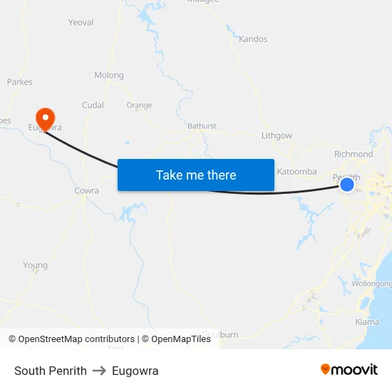 South Penrith to Eugowra map