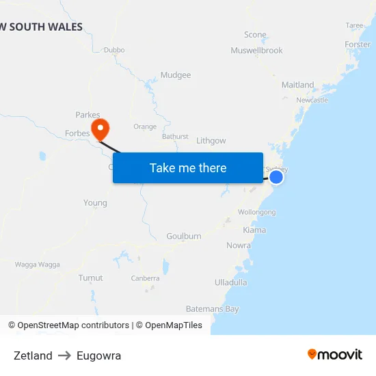 Zetland to Eugowra map