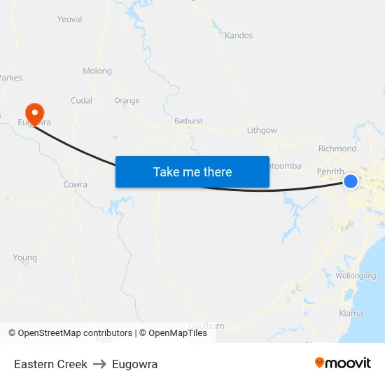 Eastern Creek to Eugowra map