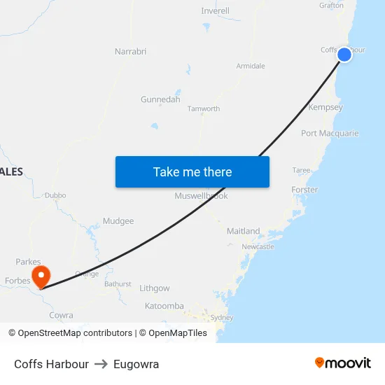 Coffs Harbour to Eugowra map