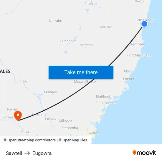 Sawtell to Eugowra map