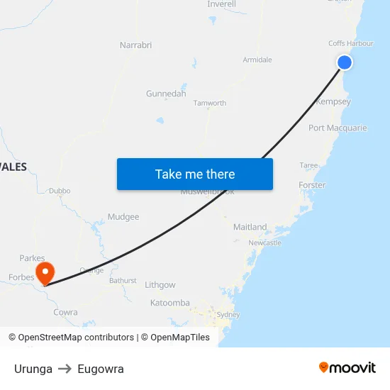 Urunga to Eugowra map