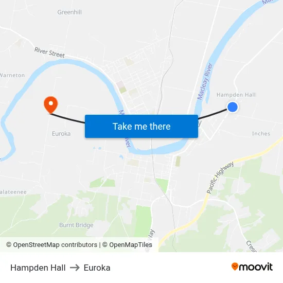 Hampden Hall to Euroka map