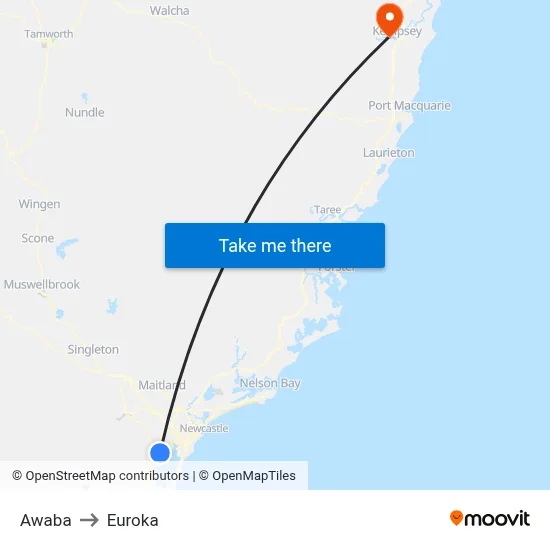 Awaba to Euroka map