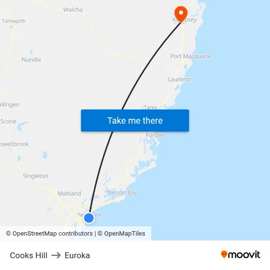 Cooks Hill to Euroka map
