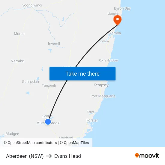Aberdeen (NSW) to Evans Head map