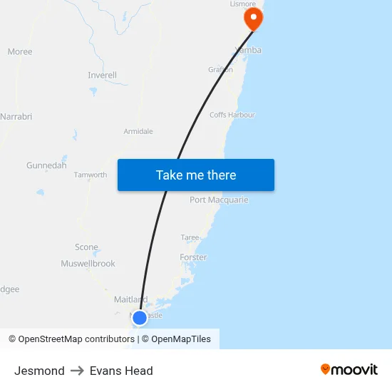 Jesmond to Evans Head map