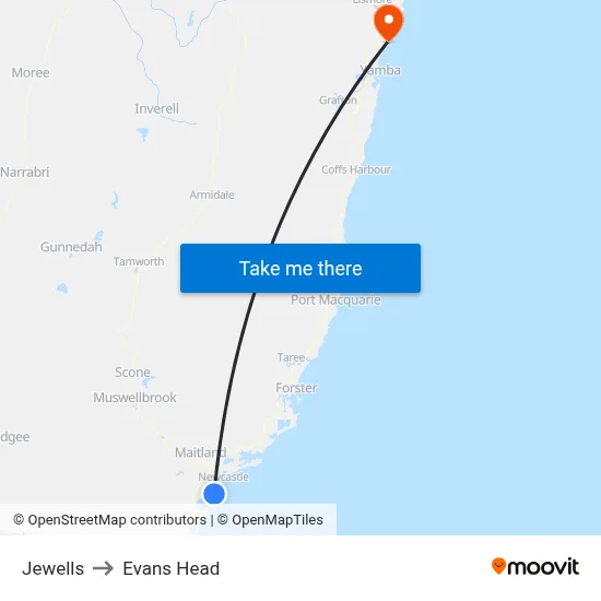Jewells to Evans Head map