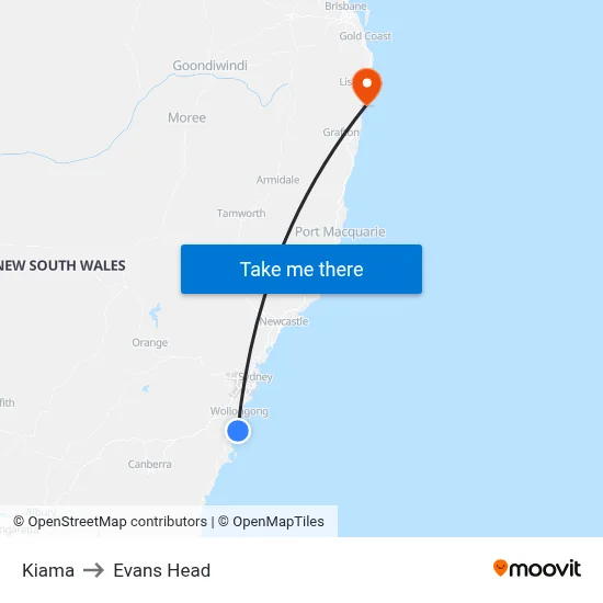 Kiama to Evans Head map