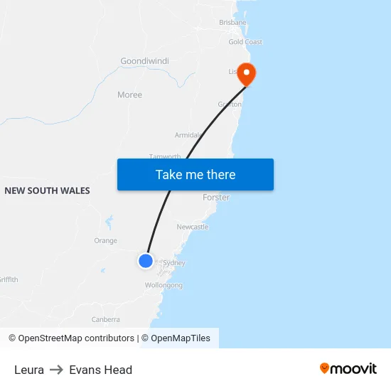 Leura to Evans Head map