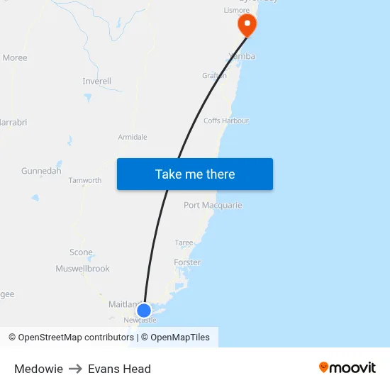 Medowie to Evans Head map