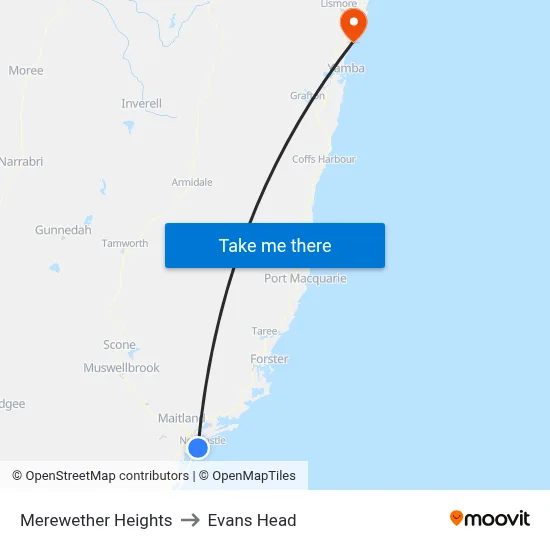 Merewether Heights to Evans Head map