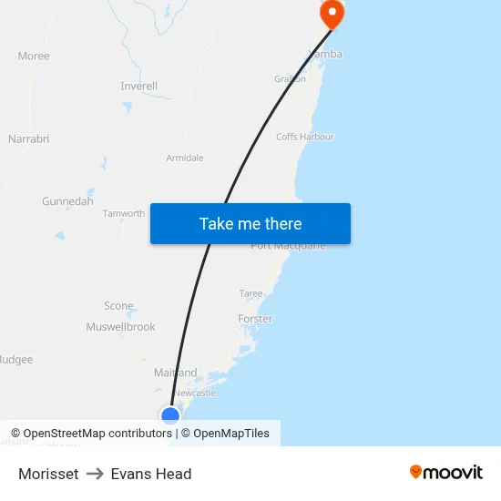 Morisset to Evans Head map