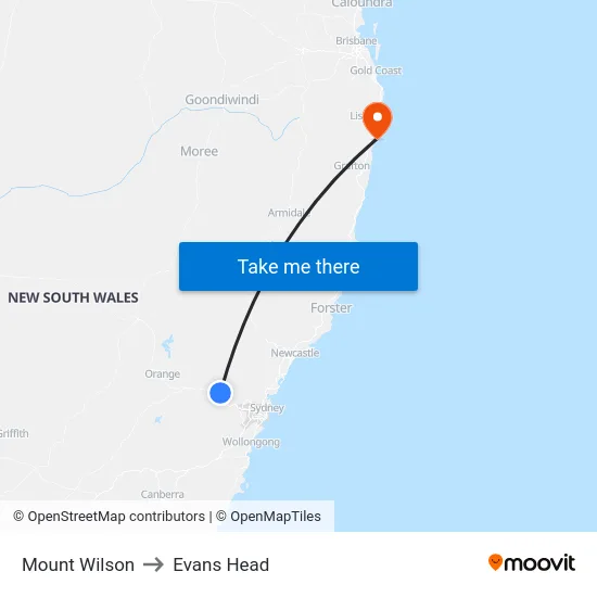 Mount Wilson to Evans Head map