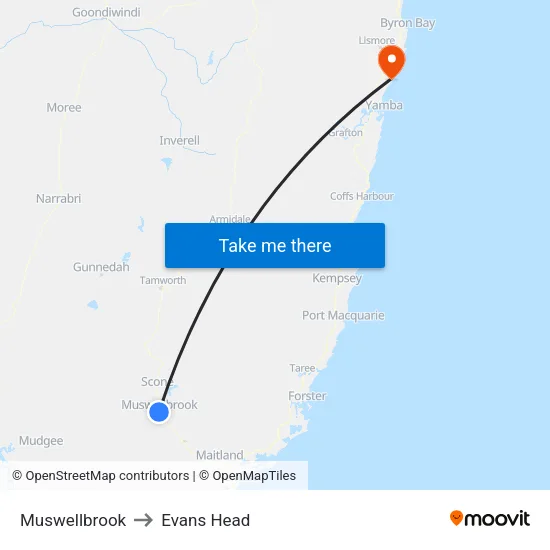 Muswellbrook to Evans Head map
