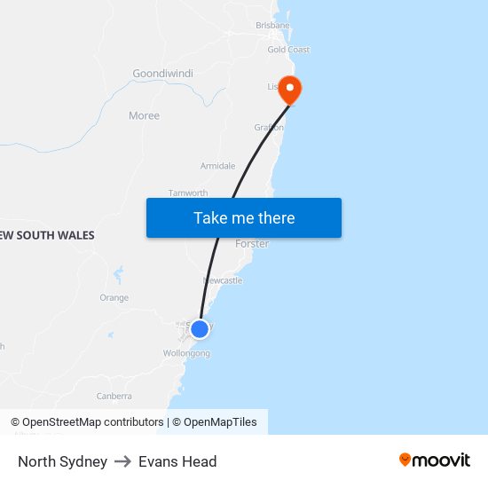 North Sydney to Evans Head map