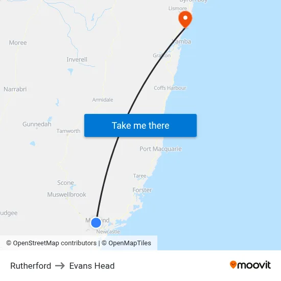 Rutherford to Evans Head map