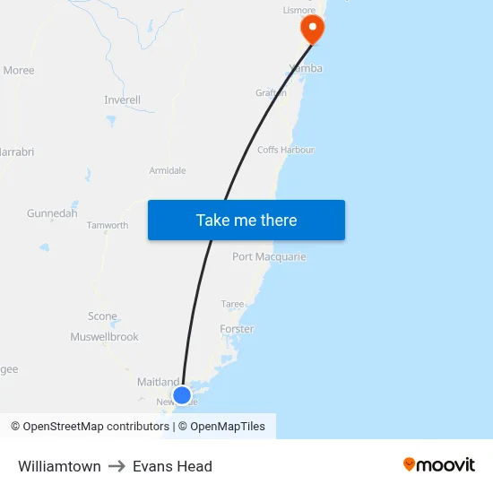Williamtown to Evans Head map