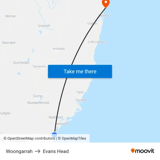 Woongarrah to Evans Head map