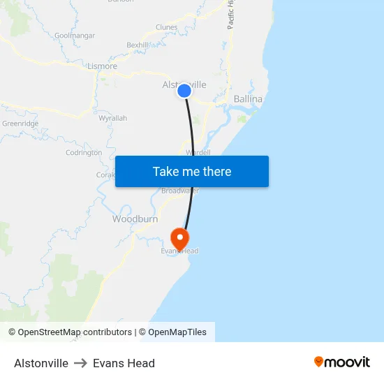 Alstonville to Evans Head map
