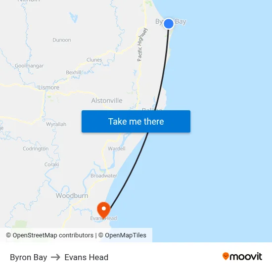 Byron Bay to Evans Head map