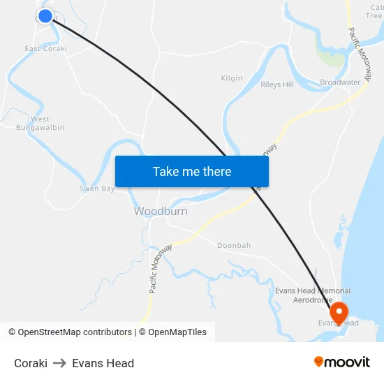 Coraki to Evans Head map
