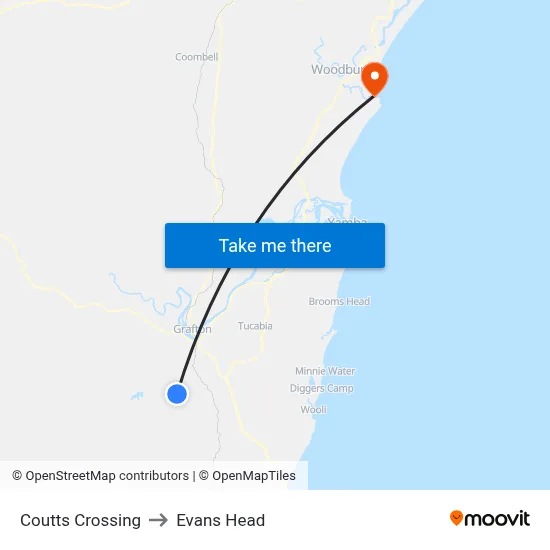 Coutts Crossing to Evans Head map