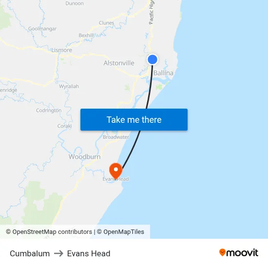 Cumbalum to Evans Head map