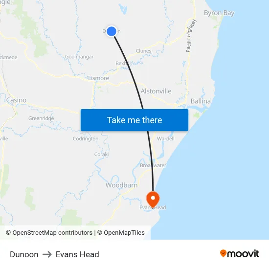Dunoon to Evans Head map