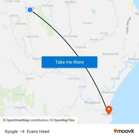 Kyogle to Evans Head map