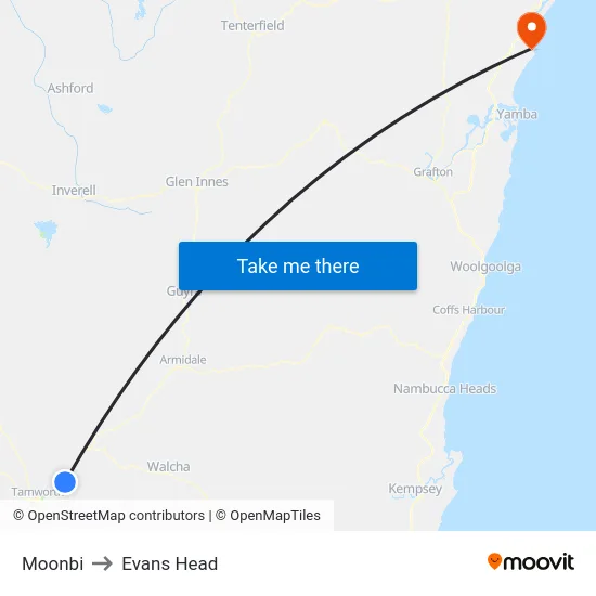 Moonbi to Evans Head map