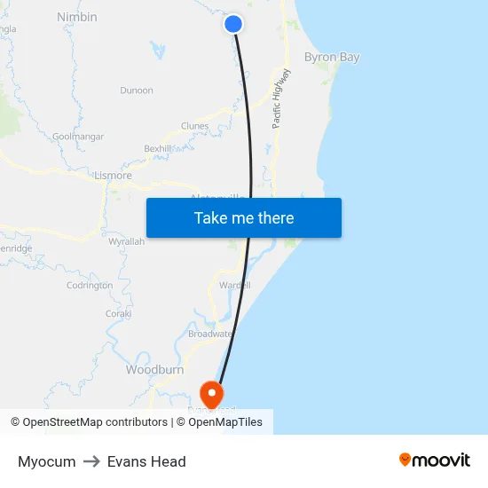Myocum to Evans Head map