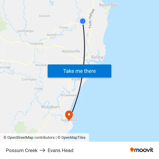 Possum Creek to Evans Head map